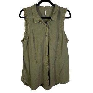 Free People Olive Green Linen Blend Sleeveless Button Down Shirt Raw Edge Large